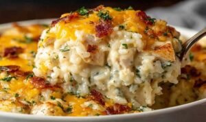 Angel Chicken and Rice Casserole baked golden and bubbly in a white 9x13 baking dish