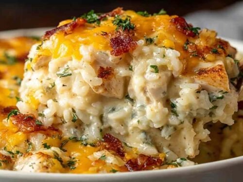 Angel Chicken and Rice Casserole baked golden and bubbly in a white 9x13 baking dish