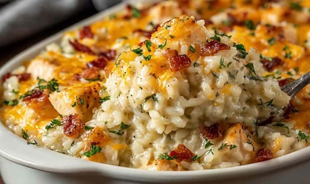 Angel Chicken and Rice Casserole baked golden and bubbly in a white 9x13 baking dish