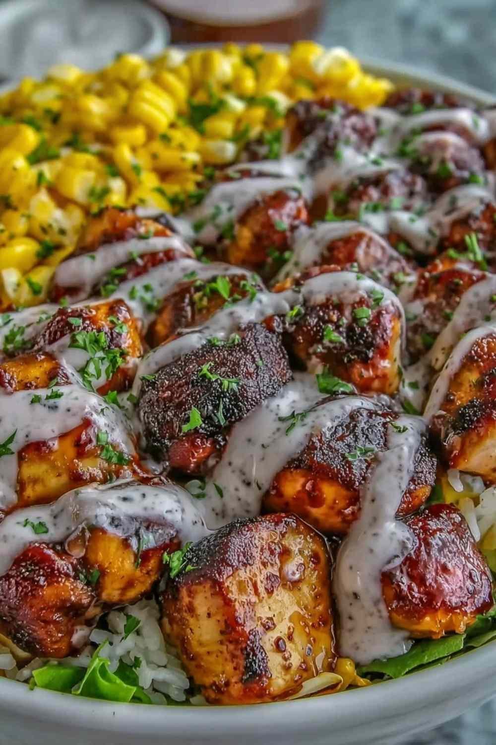 Ingredients for BBQ Ranch Chicken Bowl including chicken breast and fresh vegetables