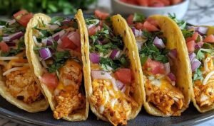 Baked Chicken Tacos Baked Chicken Tacos open-faced on a baking sheet with melted cheese