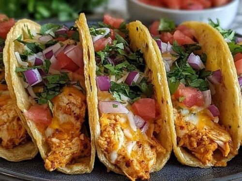 Baked Chicken Tacos open-faced on a baking sheet with melted cheese