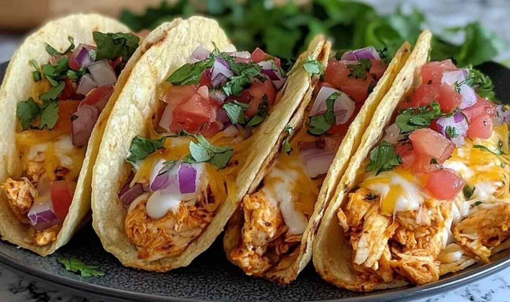 Baked Chicken Tacos open-faced on a baking sheet with melted cheese