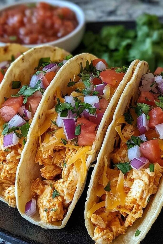 Baked Chicken Tacos open-faced on a baking sheet with melted cheese