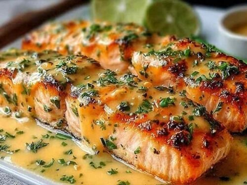Bang Bang Salmon fillets drizzled with creamy sweet chili sauce and topped with green onions on a white plate