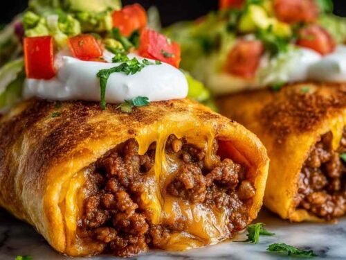 Crispy beef and cheese chimichangas on a plate topped with sour cream and salsa