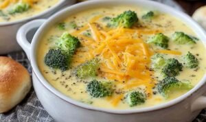 Homemade broccoli cheddar soup served in a rustic bowl topped with melted cheddar and fresh broccoli florets