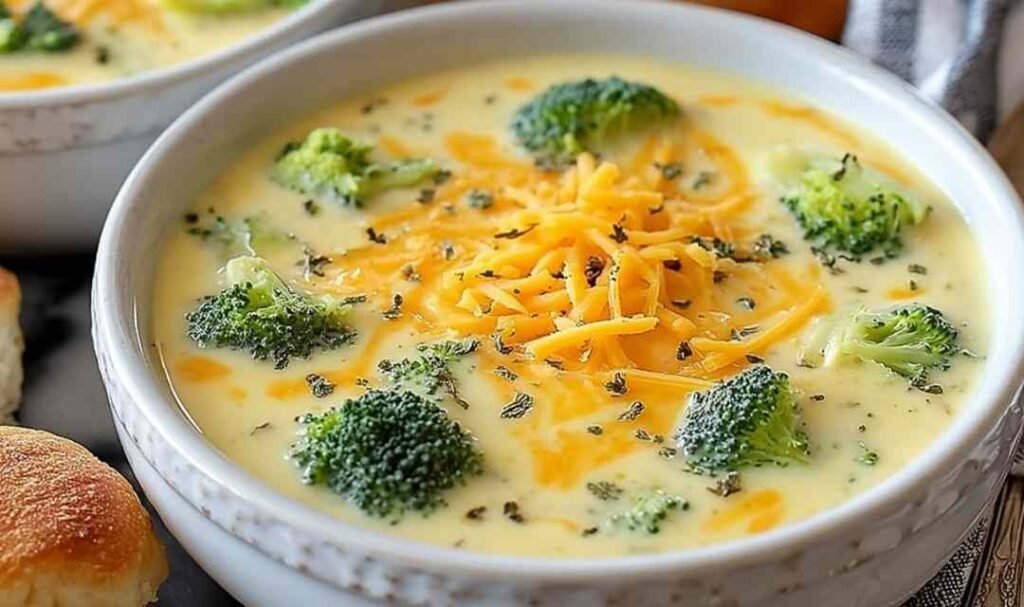 Homemade broccoli cheddar soup served in a rustic bowl topped with melted cheddar and fresh broccoli florets