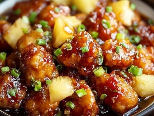 Brown sugar pineapple chicken served over steamed jasmine rice topped with fresh cilantro and caramelized pineapple chunks