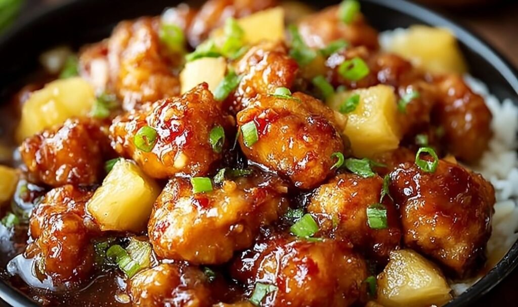 Brown sugar pineapple chicken served over steamed jasmine rice topped with fresh cilantro and caramelized pineapple chunks