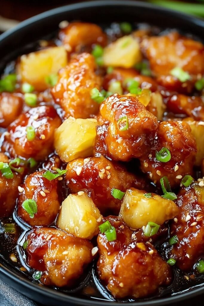 Brown sugar pineapple chicken served over steamed jasmine rice topped with fresh cilantro and caramelized pineapple chunks