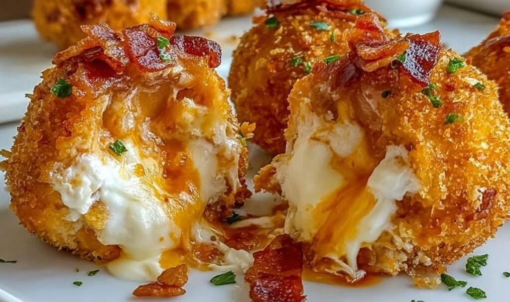 Crispy buffalo chicken bacon mozzarella bombs on a plate drizzled with buffalo sauce