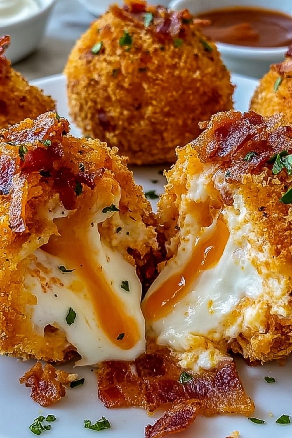 Crispy buffalo chicken bacon mozzarella bombs on a plate drizzled with buffalo sauce