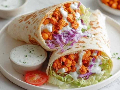 Buffalo chickpea mixture cooking in a skillet for a spicy wrap filling
