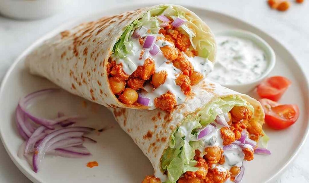 Buffalo chickpea mixture cooking in a skillet for a spicy wrap filling