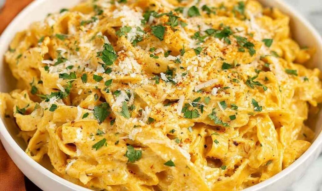Creamy Cajun Alfredo sauce tossed with fettuccine pasta, topped with freshly grated Parmesan and chopped herbs