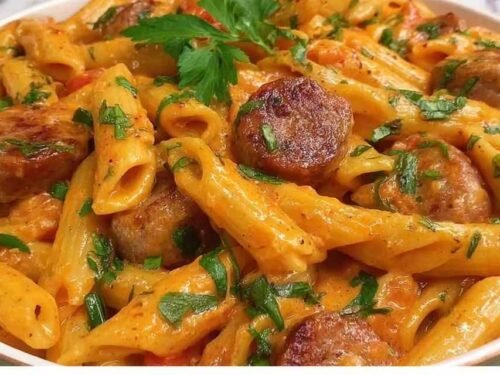 Creamy Cajun sausage pasta in a large skillet topped with parsley and Parmesan