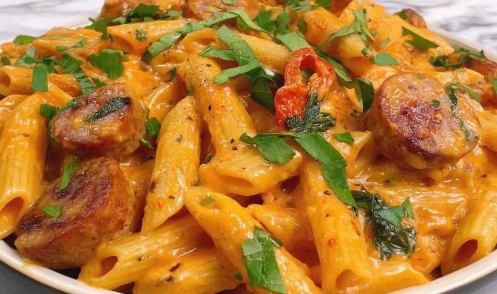 Creamy Cajun sausage pasta in a large skillet topped with parsley and Parmesan