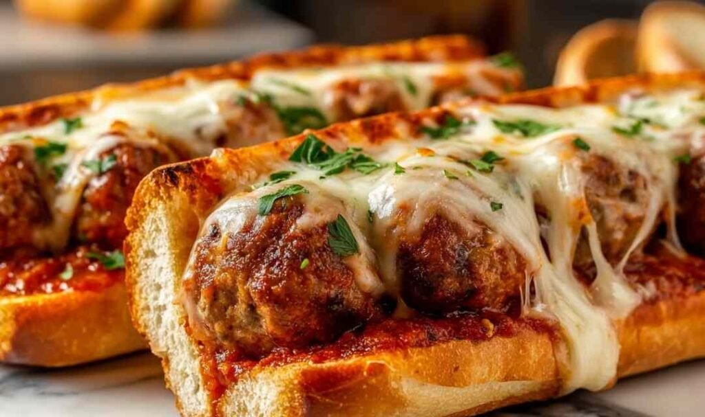 Cheesy Meatball Subs with melted mozzarella on a toasted hoagie roll.