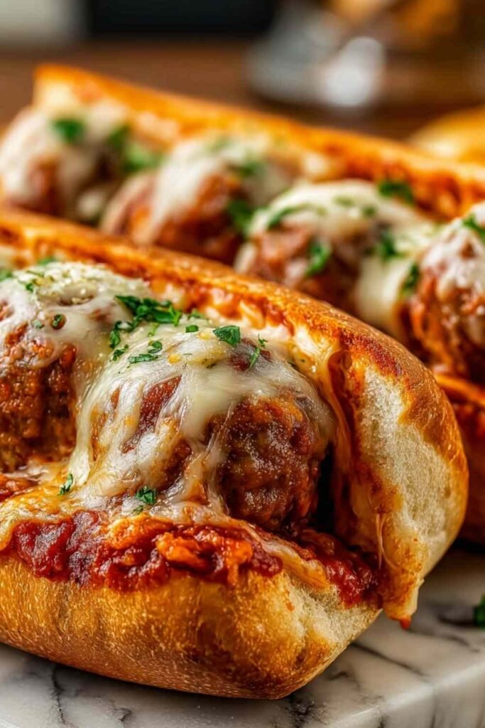 Cheesy Meatball Subs with melted mozzarella on a toasted hoagie roll.