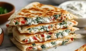 Cheesy Mediterranean quesadilla sliced into triangles on a wooden cutting board showing melted feta, mozzarella, spinach, and tomato filling