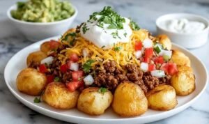 Cheesy Taco Potatoes Cheesy taco potatoes in a serving bowl topped with melted Mexican cheese, seasoned ground beef, and fresh pico de gallo