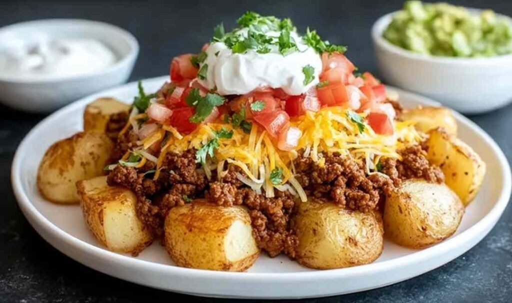Cheesy taco potatoes in a serving bowl topped with melted Mexican cheese, seasoned ground beef, and fresh pico de gallo