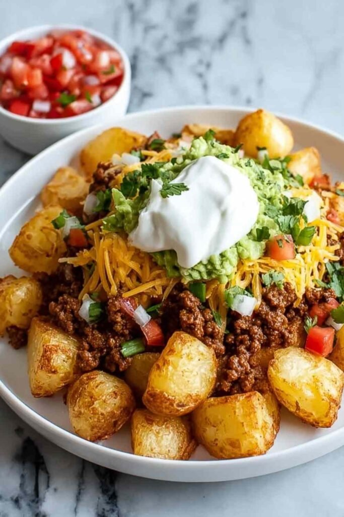 Cheesy taco potatoes in a serving bowl topped with melted Mexican cheese, seasoned ground beef, and fresh pico de gallo