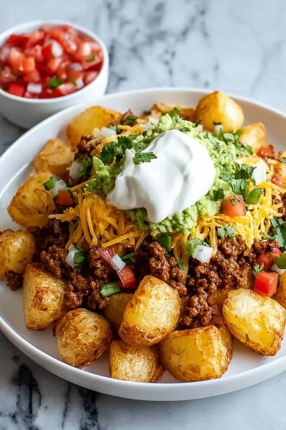 Cheesy taco potatoes in a serving bowl topped with melted Mexican cheese, seasoned ground beef, and fresh pico de gallo