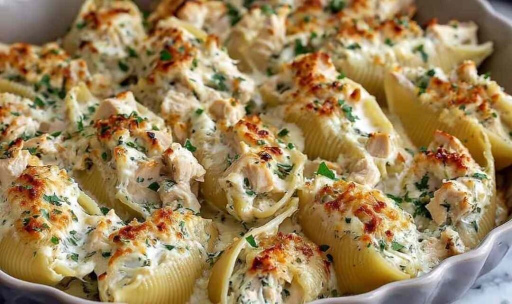 Chicken Alfredo Stuffed Shells in a baking dish ready for the oven