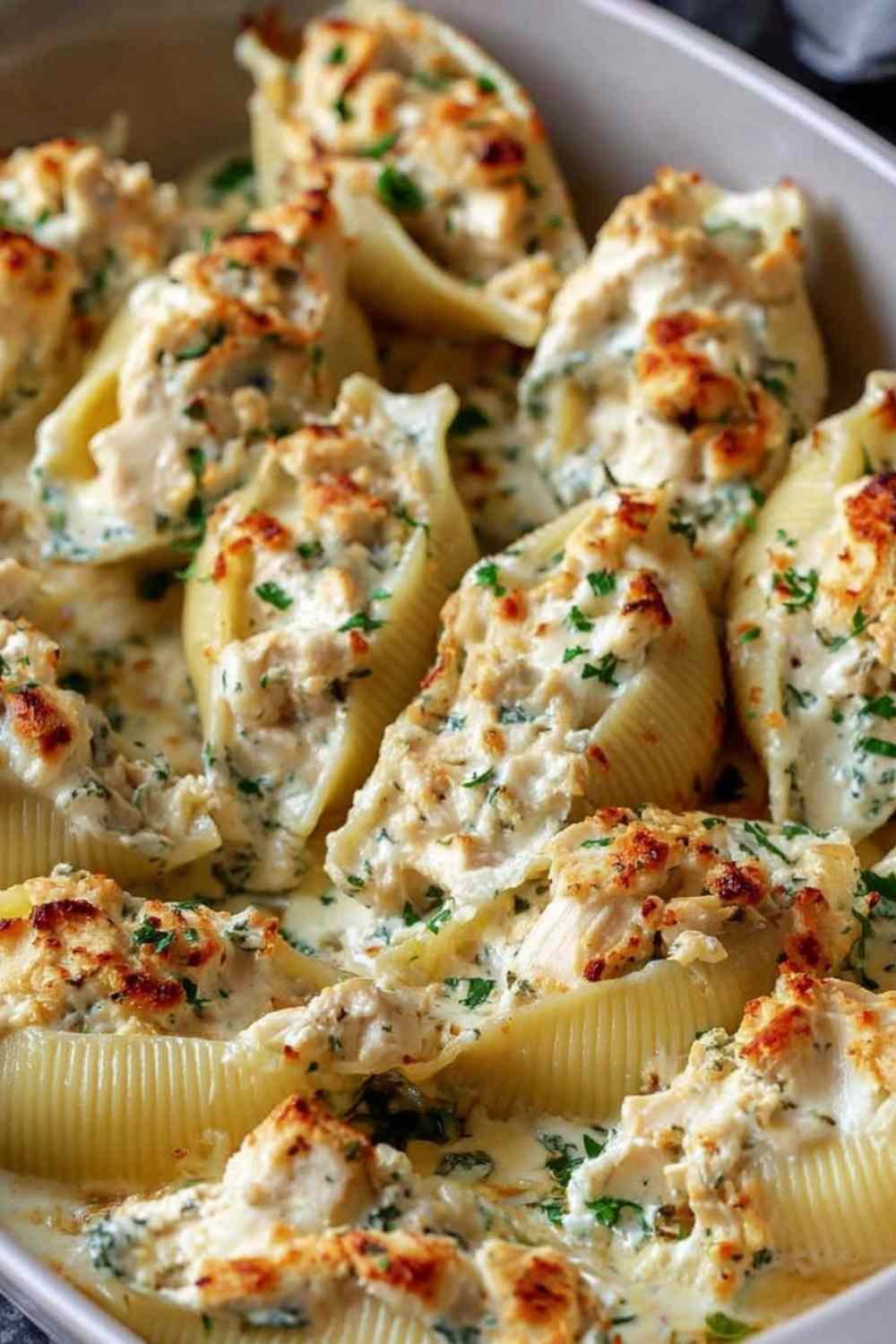 Chicken Alfredo Stuffed Shells in a baking dish ready for the oven