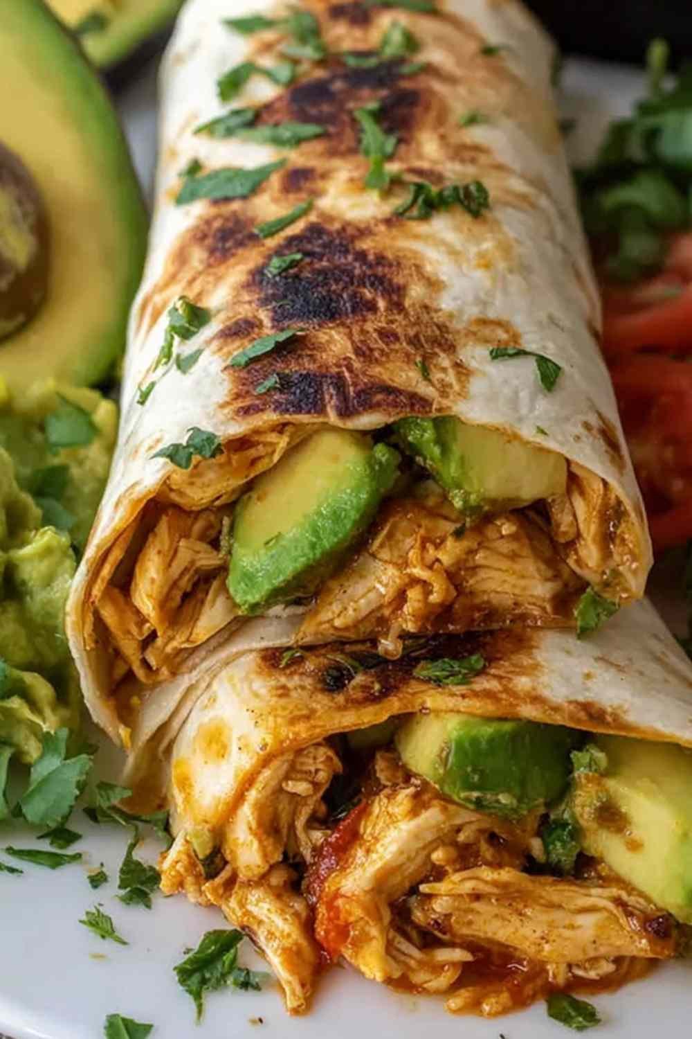 Ingredients for Chicken Avocado Wrap on a wooden board