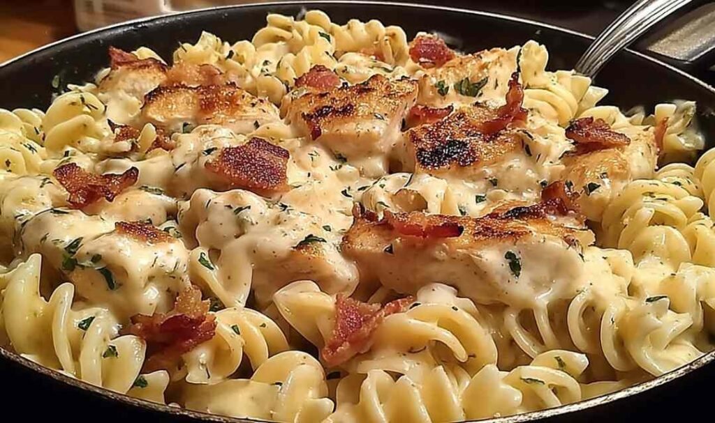 Chicken Bacon Ranch Pasta in a skillet with creamy sauce and bacon garnish