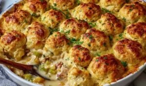 Chicken Bubble Biscuit Bake Casserole in a baking dish