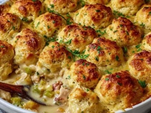 Chicken Bubble Biscuit Bake Casserole in a baking dish