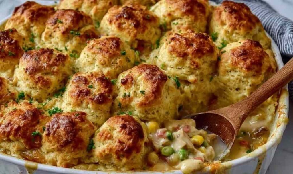 Chicken Bubble Biscuit Bake Casserole in a baking dish