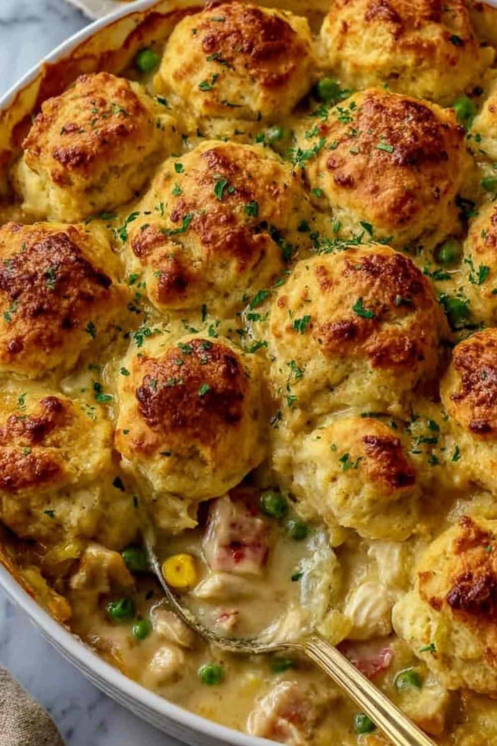 Chicken Bubble Biscuit Bake Casserole in a baking dish