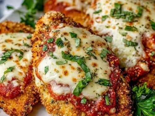 Chicken Parmesan with melted mozzarella cheese and marinara sauce