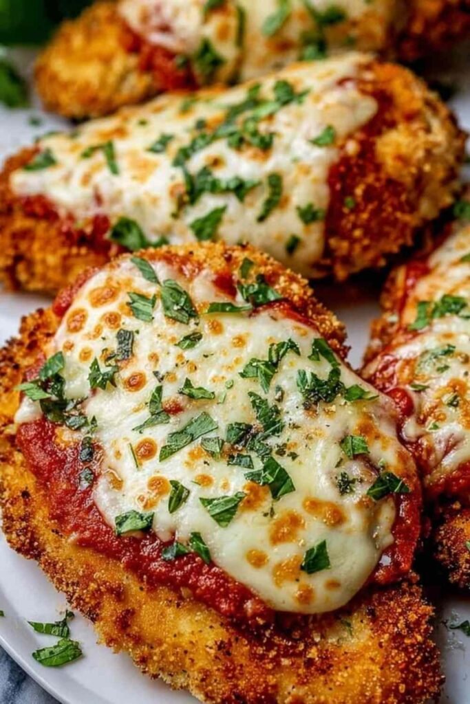 Chicken Parmesan with melted mozzarella cheese and marinara sauce
