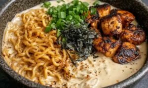 Chicken Ramen with Creamy Garlic Sauce A bowl of chicken ramen with creamy garlic sauce topped with green onions, served hot in a white bowl