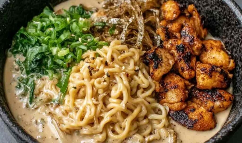 A bowl of chicken ramen with creamy garlic sauce topped with green onions, served hot in a white bowl