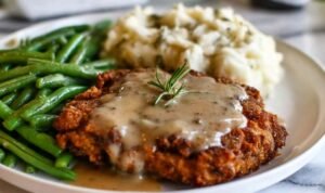 Chicken fried steak Crispy homestyle chicken fried steak recipe served on a plate and smothered in creamy peppery white gravy