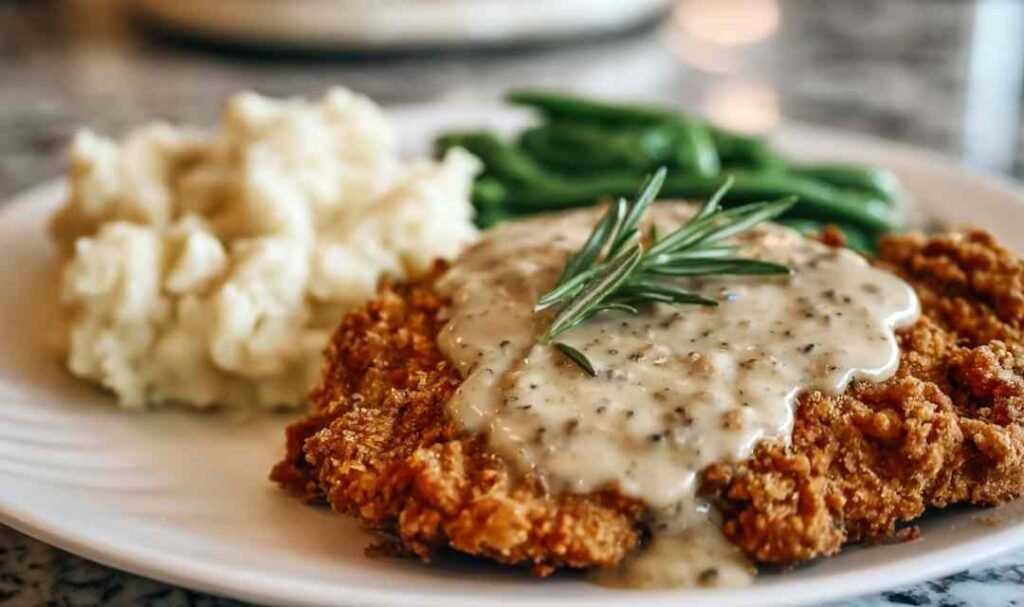 Crispy homestyle chicken fried steak recipe served on a plate and smothered in creamy peppery white gravy