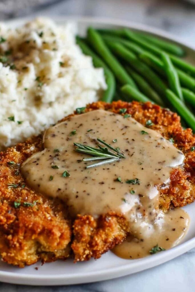Crispy homestyle chicken fried steak recipe served on a plate and smothered in creamy peppery white gravy