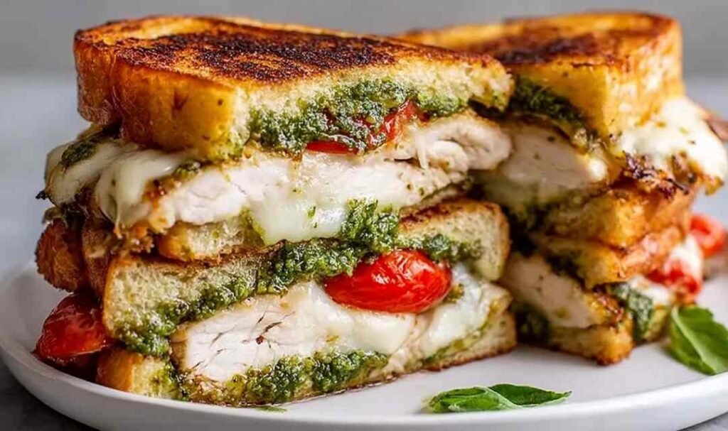 Golden chicken pesto sandwich cut in half showing melted mozzarella, pesto, and sliced tomatoes on toasted ciabatta