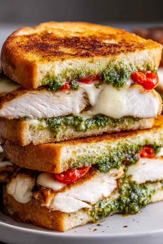 Golden chicken pesto sandwich cut in half showing melted mozzarella, pesto, and sliced tomatoes on toasted ciabatta