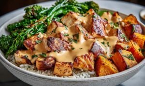 Chicken sweet potato bowls with roasted sweet potatoes, seared chicken, rice, and creamy spiced sauce garnished with fresh cilantro