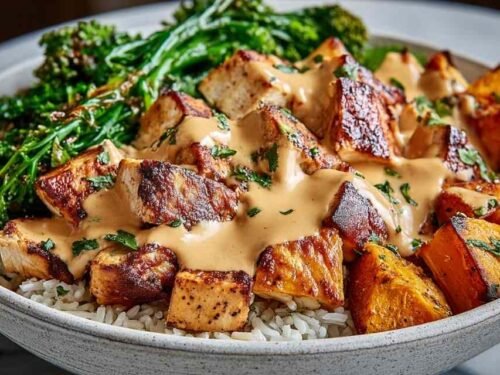 Chicken sweet potato bowls with roasted sweet potatoes, seared chicken, rice, and creamy spiced sauce garnished with fresh cilantro