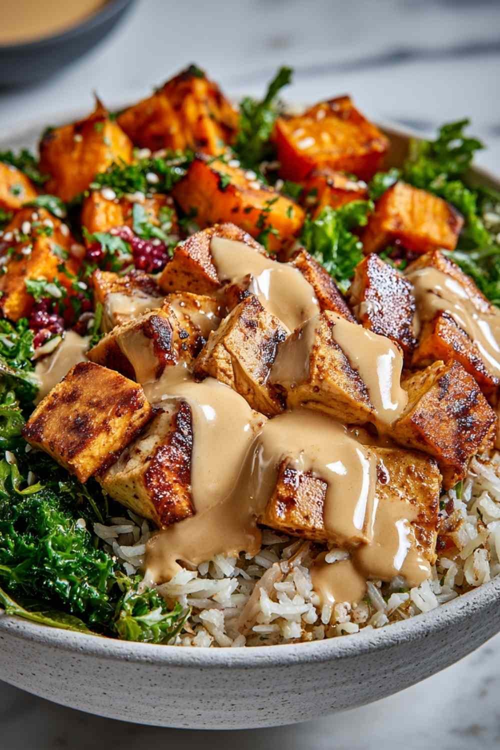Chicken sweet potato bowls with roasted sweet potatoes, seared chicken, rice, and creamy spiced sauce garnished with fresh cilantro