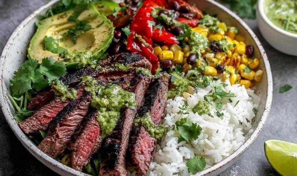 Grilling marinated flank steak for Cilantro Lime Steak Bowls